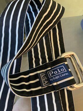 Vintage Polo Ralph Lauren Black & White Striped Canvas Belt With Double D-Ring B